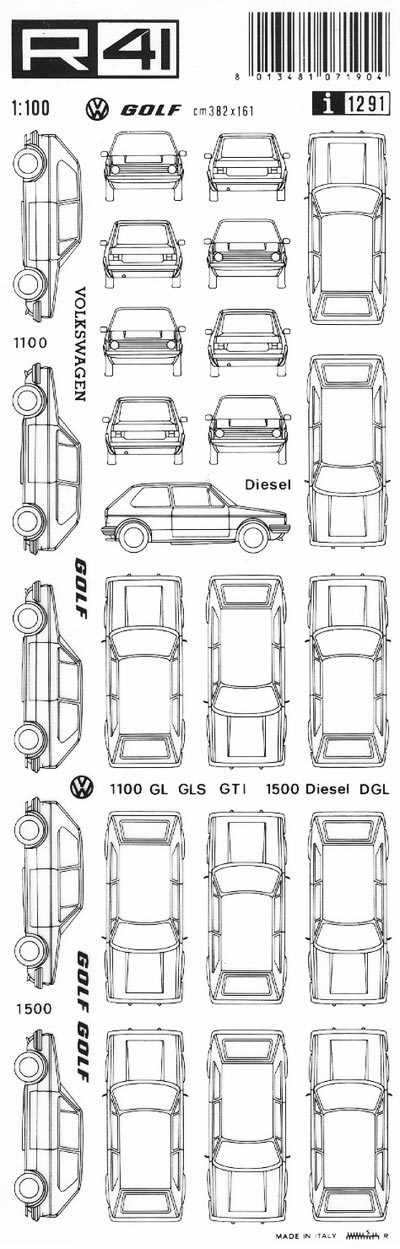 trasferibilir41 Volkswagen Golf, NERO. Trasferelli-Trasferibili R41 in fogli 9x25cm .