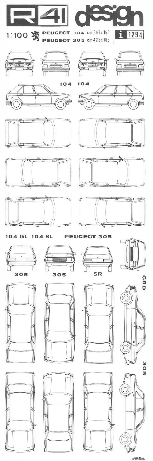 trasferibilir41 Peugeot 104, 305, NERO. Trasferelli-Trasferibili R41 in fogli 9x25cm .