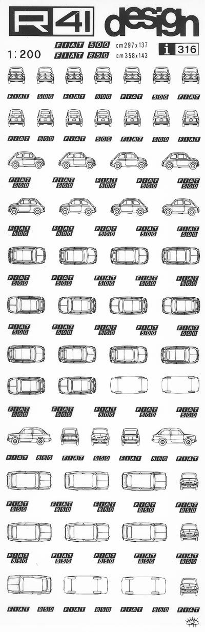 trasferibilir41 Fiat 500, Fiat 850, NERO. Trasferelli-Trasferibili R41 in fogli 9x25cm .