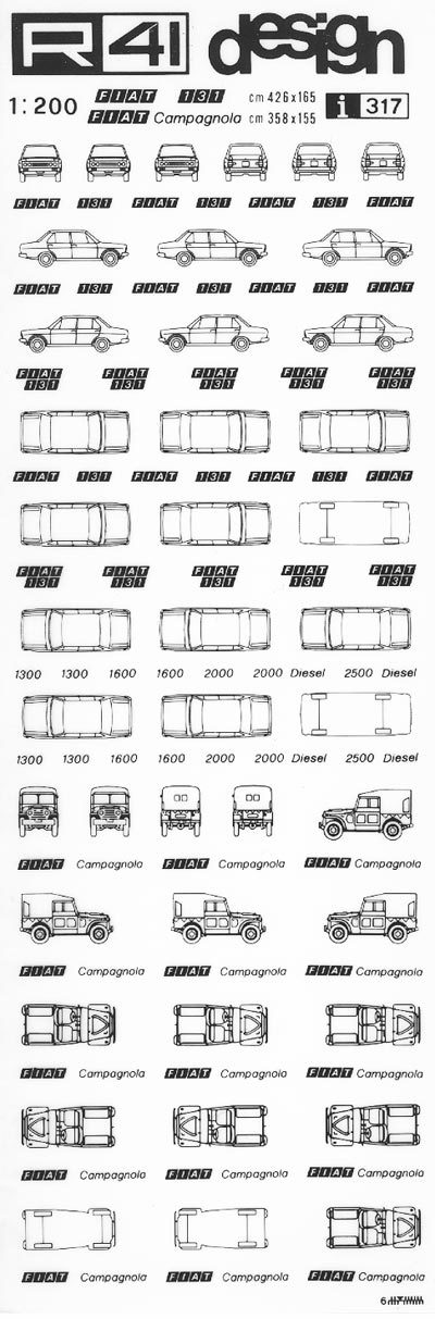 trasferibilir41 Fiat 131, Campagnola, NERO. Trasferelli-Trasferibili R41 in fogli 9x25cm .