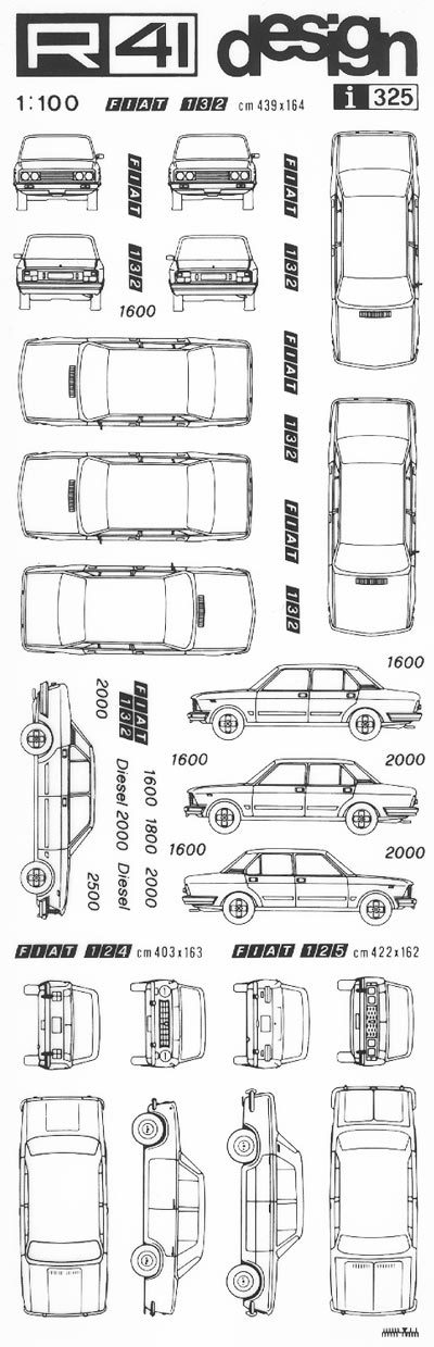 trasferibilir41 Fiat 132, Fiat 125, NERO. Trasferelli-Trasferibili R41 in fogli 9x25cm .