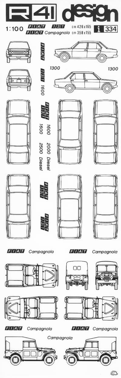 trasferibilir41 Fiat 131, Campagnola, NERO. Trasferelli-Trasferibili R41 in fogli 9x25cm .
