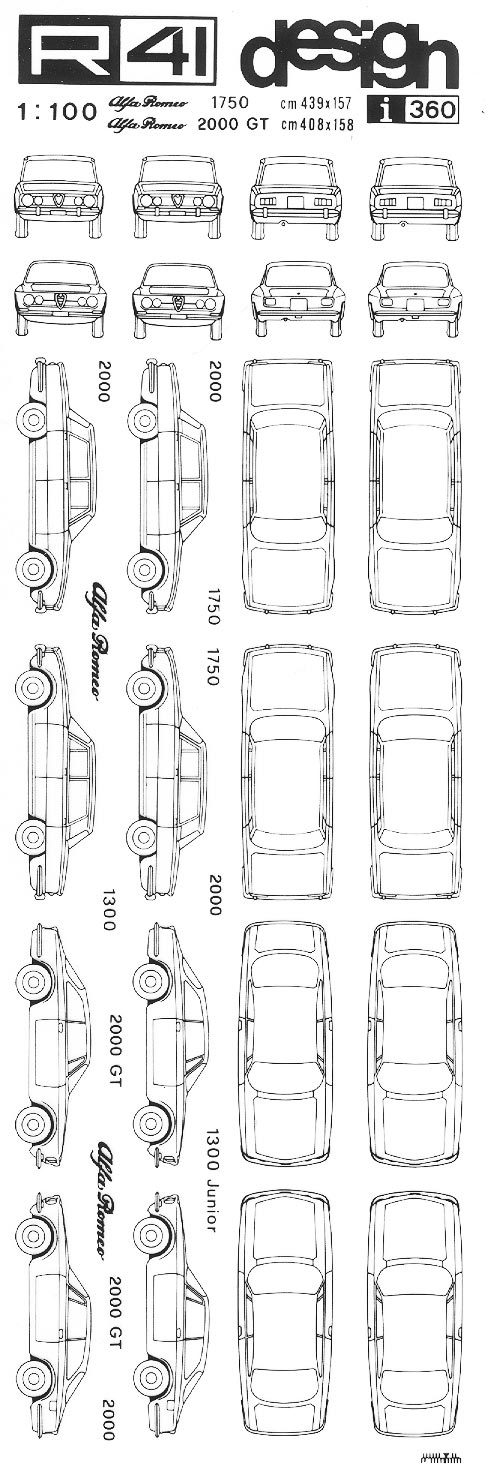 trasferibilir41 Alfa GT 2000, Alfa 1750, NERO. Trasferelli-Trasferibili R41 in fogli 9x25cm .