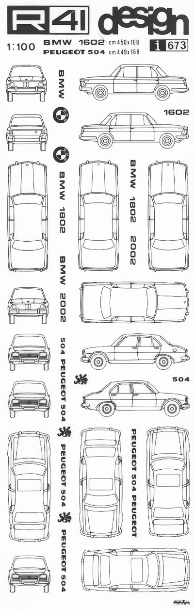 trasferibilir41 BMW 1802, Peugeot 504, NERO. Trasferelli-Trasferibili R41 in fogli 9x25cm .