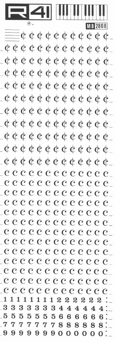 trasferibilir41 Musica per rigo 8, NERO. Trasferelli-Trasferibili R41 in fogli 9x25cm .