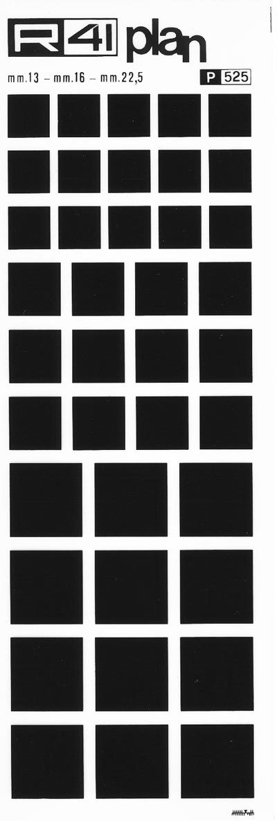 trasferibilir41 Quadrati, mm. 13 - mm. 22,5, NERO. Trasferelli-Trasferibili R41 in fogli 9x25cm .