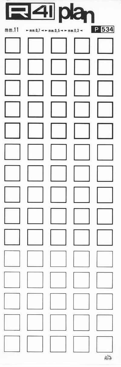 trasferibilir41 Quadrati, mm. 11, NERO. Trasferelli-Trasferibili R41 in fogli 9x25cm. p. 1406 .