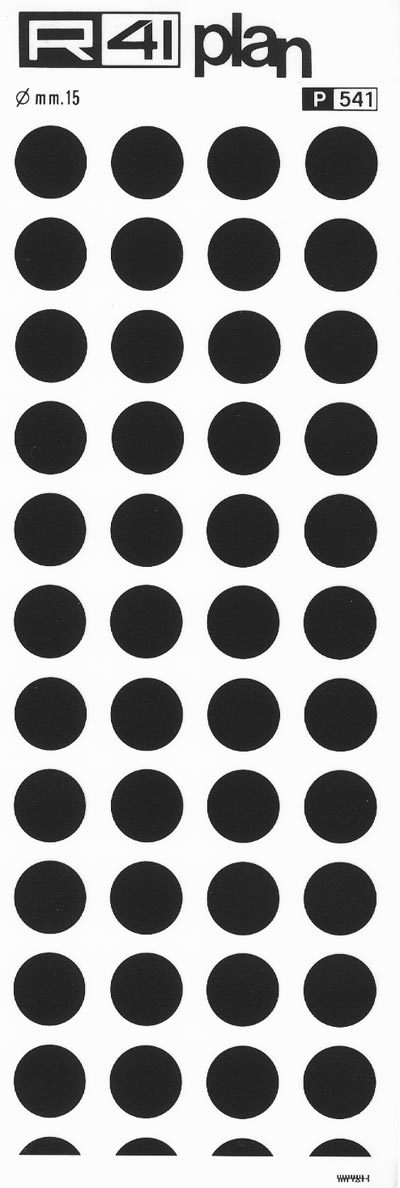 trasferibilir41 Punti, mm. 15, NERO. Trasferelli-Trasferibili R41 in fogli 9x25cm. p. 1405 .