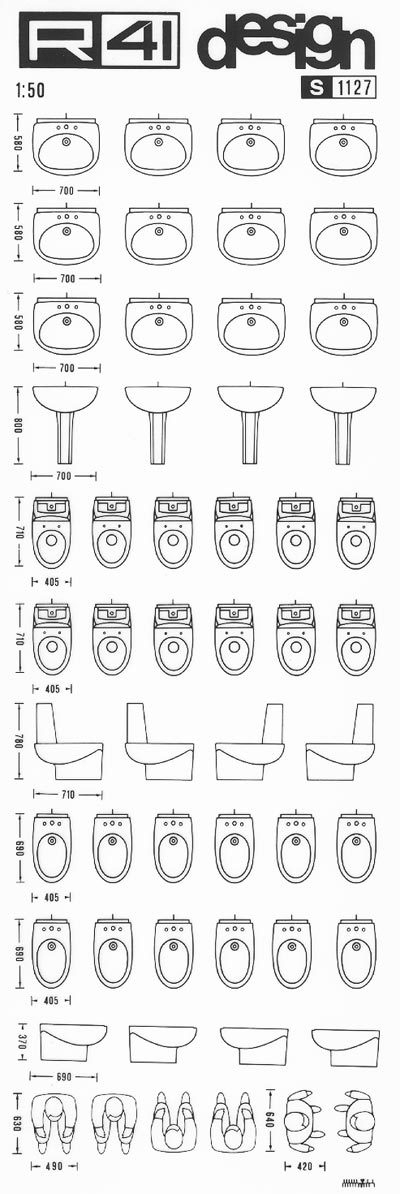 trasferibilir41 Sanitari 1:50, NERO. Trasferelli-Trasferibili R41 in fogli 9x25cm. p. 328 .