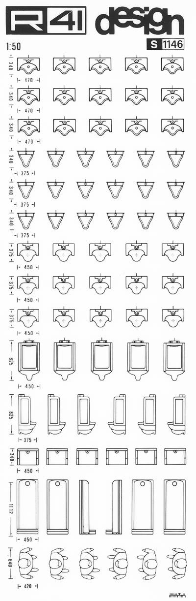 trasferibilir41 Sanitari 1:50, NERO. Trasferelli-Trasferibili R41 in fogli 9x25cm. p. 328 .