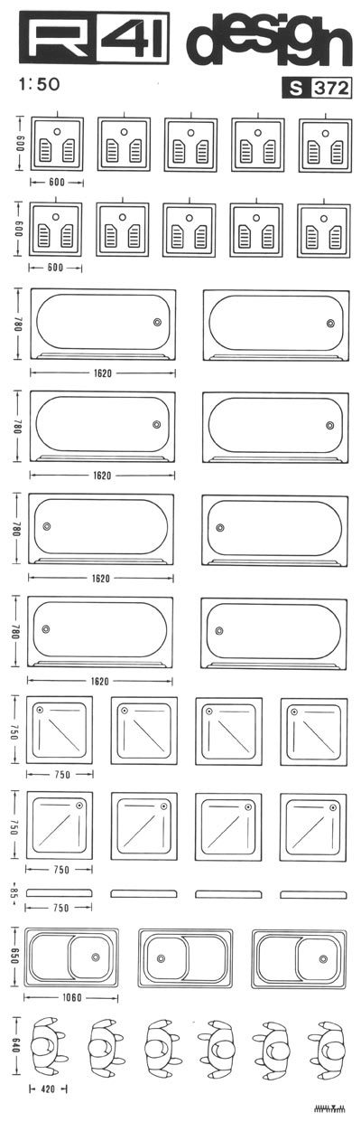 trasferibilir41 Sanitari 1:50, NERO. Trasferelli-Trasferibili R41 in fogli 9x25cm. p. 329 .