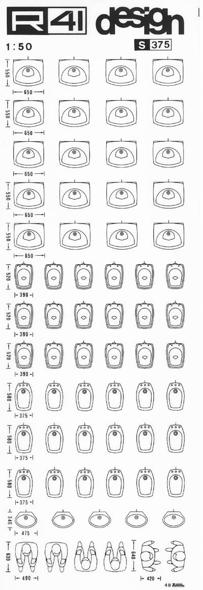 trasferibilir41 Sanitari 1:50, NERO. Trasferelli-Trasferibili R41 in fogli 9x25cm. p. 329 .