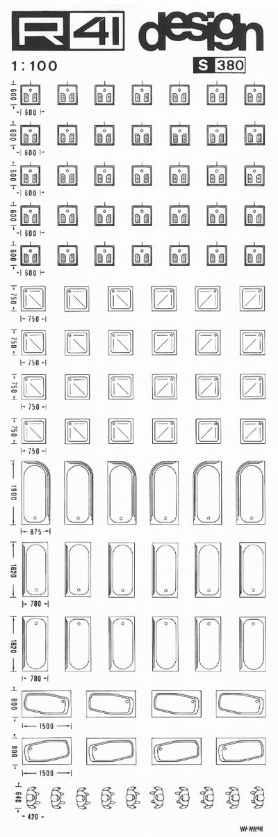 trasferibilir41 Sanitari 1:100, NERO. Trasferelli-Trasferibili R41 in fogli 9x25cm. p. 327 .