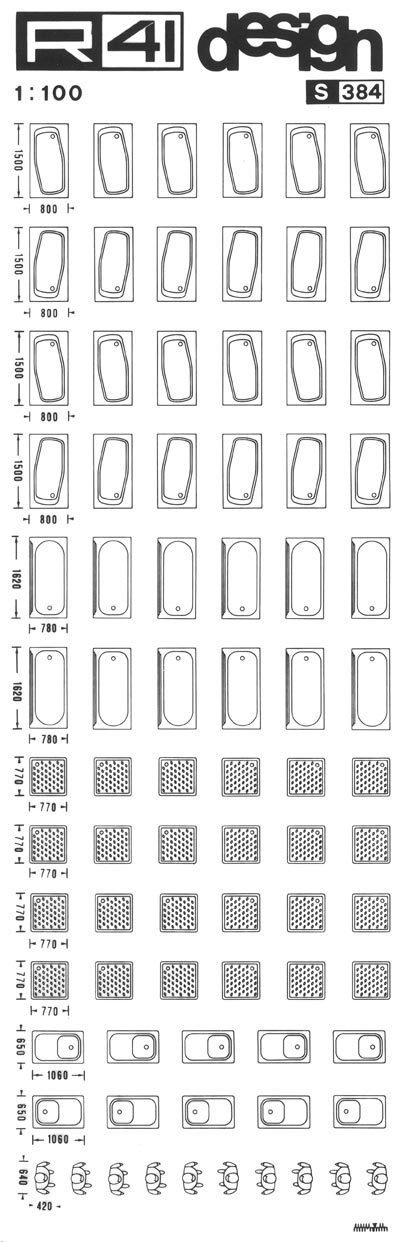 trasferibilir41 Sanitari 1:100, NERO. Trasferelli-Trasferibili R41 in fogli 9x25cm. p. 327 .