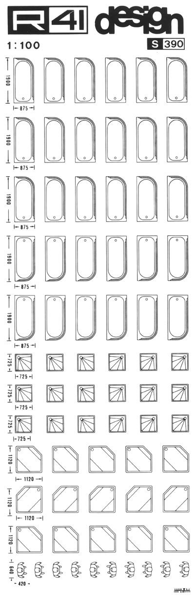 trasferibilir41 Sanitari 1:100, NERO. Trasferelli-Trasferibili R41 in fogli 9x25cm. p. 327 .