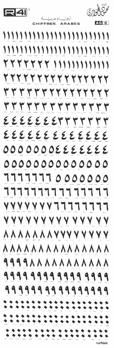 trasferibilir41 6mm, NERO. Trasferelli-Trasferibili R41 in fogli 9x25cm. Numeri  Caratteri Arabi .