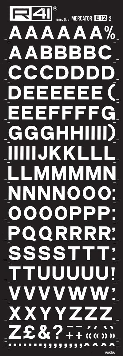 trasferibilir41 9,5mm, BIANCO. Trasferibili R41 in fogli 9x25cm. Lettere Maiuscole Mercator E Di tipo .