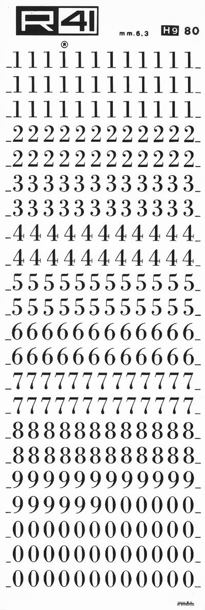 trasferibilir41 6,3mm, NERO. Trasferelli-Trasferibili R41 in fogli 9x25cm. Numeri Bodoni p. 118 Fa parte della numerosissima serie di caratteri �bodoniani� creata, in epoca neoclassica, dal celebre disegnatore Gianbattista Bodoni. Rimase per pi� di un secolo il carattere ufficiale , dal quale vennero ideate un�infinita quantit� di variazioni; non ultima quella definita �bodoni campanile�. Ha un ottima leggibilit� e, nella forma, alterna con gusto sapiente, il filo al corpo della lettera, denunciando la sua origine classica.. P. 118.