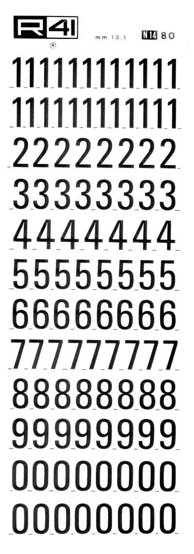 trasferibilir41 13,1mm, NERO. Trasferelli-Trasferibili R41 in fogli 9x25cm. Numeri  Univers N Carattere di tipo 