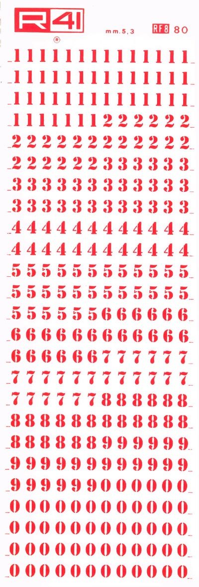 trasferibilir41 5,3mm, ROSSO. Trasferelli-Trasferibili R41 in fogli 9x25cm. Numeri  Stencil RF Ispirato dalle mascherine che si usano per stampigliare a mano le scritte sugli imballi, con particolari inchiostri. Questo carattere ha una sua particolare efficacia e consegue ben definiti risultati grafici nelle composizioni. Ovviamente, per non togliere nulla alla sua efficacia sar bene non accostargli caratteri neri o nerissimi n di origine scritta o fantasia. P. 129.