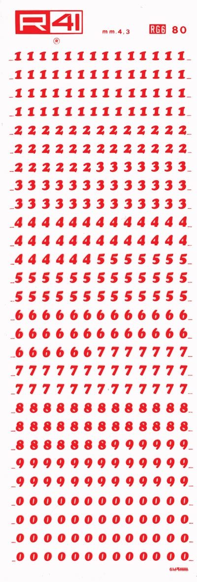 trasferibilir41 4,3mm, ROSSO. Trasferibili R41 in fogli 9x25cm. Numeri  Cooper Black RG Caratteri di origine 