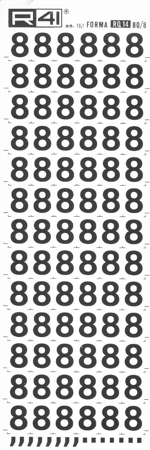 trasferibilir41 13,1mm, NERO. Trasferelli-Trasferibili R41 in fogli 9x25cm. Numeri  Forma RQ Serie tonda 