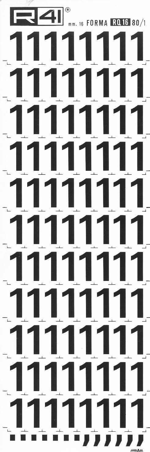 trasferibilir41 16mm, NERO. Trasferelli-Trasferibili R41 in fogli 9x25cm. Numeri  Forma RQ Serie tonda 