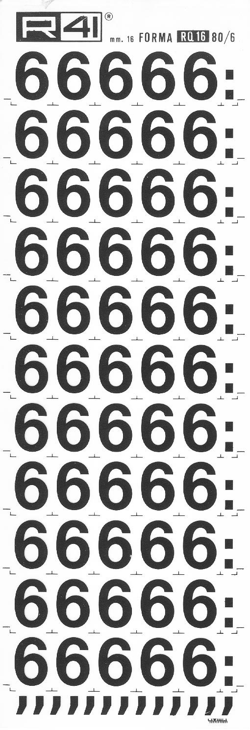 trasferibilir41 16mm, NERO. Trasferelli-Trasferibili R41 in fogli 9x25cm. Numeri  Forma RQ Serie tonda 