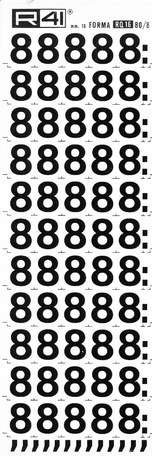 trasferibilir41 16mm, NERO. Trasferelli-Trasferibili R41 in fogli 9x25cm. Numeri  Forma RQ Serie tonda 