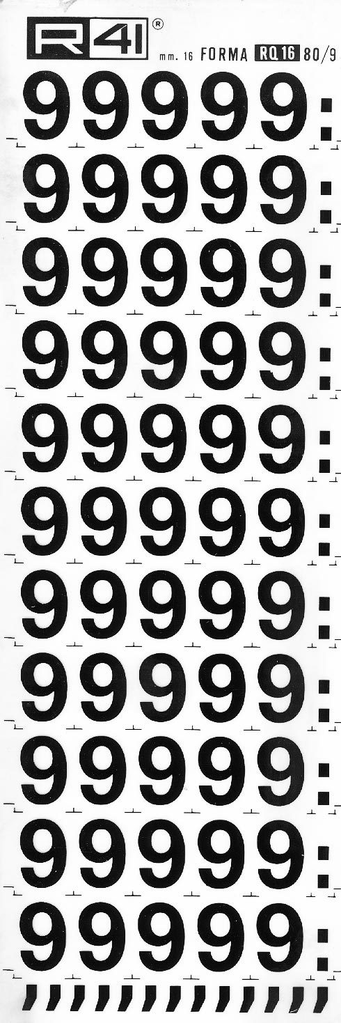 trasferibilir41 16mm, NERO. Trasferelli-Trasferibili R41 in fogli 9x25cm. Numeri  Forma RQ Serie tonda 