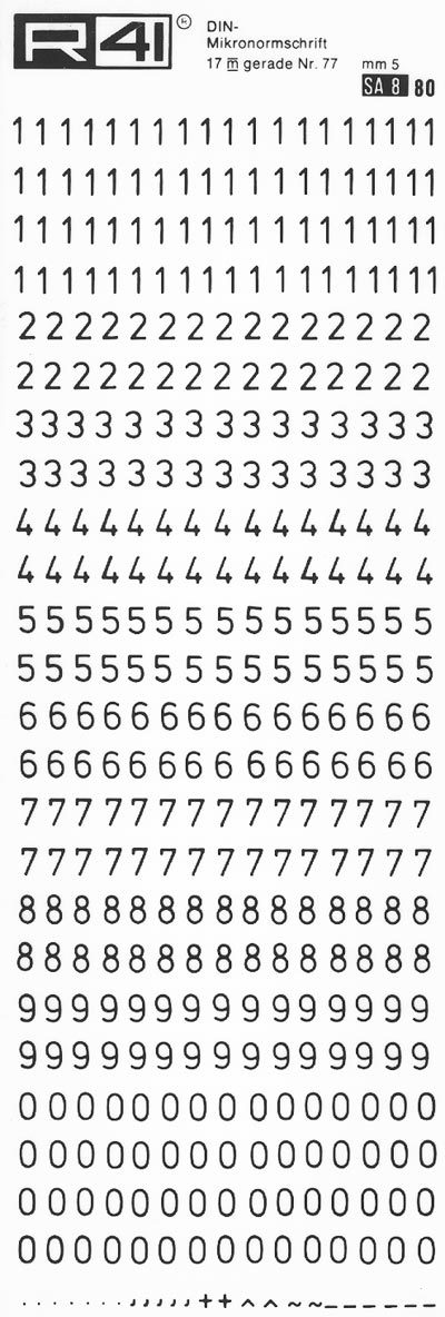 trasferibilir41 5mm, NERO. Trasferelli-Trasferibili R41 in fogli 9x25cm. Numeri  Din SA p. 143 DIN-Mikronormschrift 17 m gerade nr. 77. P. 143.