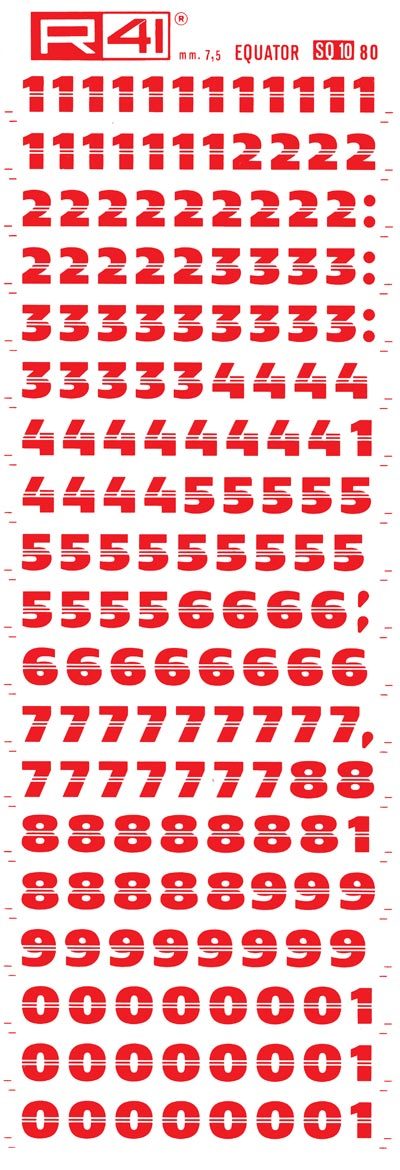 trasferibilir41 7,5mm, ROSSO. Trasferibili R41 in fogli 9x25cm. Numeri  Equator SQ Carattere lineare di grande effetto grafico. I filetti centrati danno una grande scorrevolezza e legamento ottico fra le lettere, facilitando la lettura maiuscola. Adatto per comporre marchi, titoli, testate e composizioni originali.. P. 155.