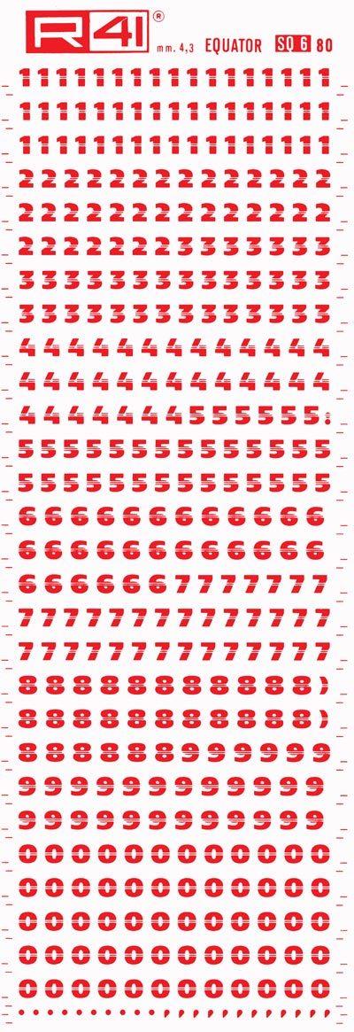 trasferibilir41 4,3mm, ROSSO. Trasferibili R41 in fogli 9x25cm. Numeri  Equator SQ Carattere lineare di grande effetto grafico. I filetti centrati danno una grande scorrevolezza e legamento ottico fra le lettere, facilitando la lettura maiuscola. Adatto per comporre marchi, titoli, testate e composizioni originali.. P. 155.