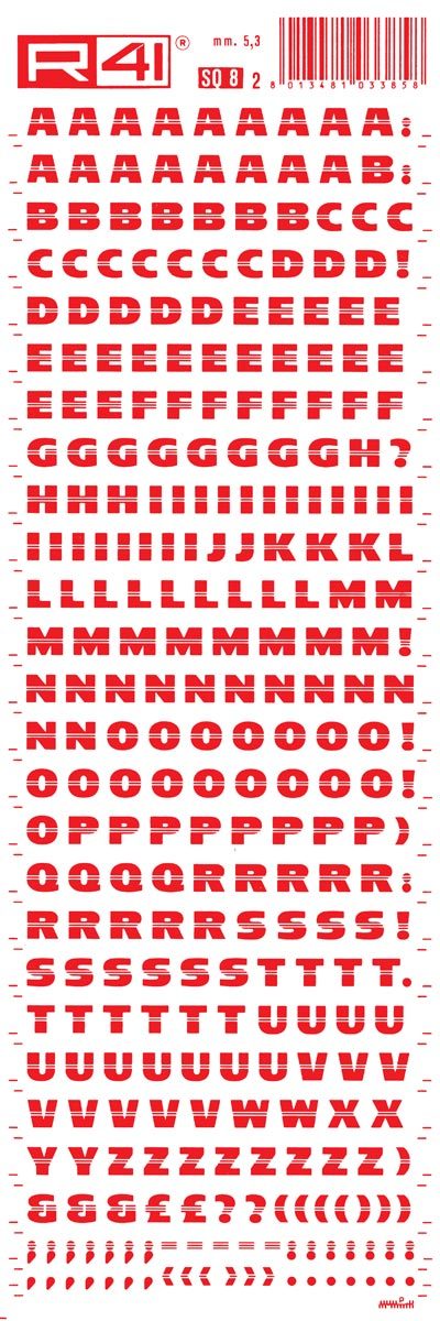 trasferibilir41 5,3mm, ROSSO. Trasferibili R41 in fogli 9x25cm. Lettere Maiuscole Equator SQ Carattere lineare di grande effetto grafico. I filetti centrati danno una grande scorrevolezza e legamento ottico fra le lettere, facilitando la lettura maiuscola. Adatto per comporre marchi, titoli, testate e composizioni originali.. P. 155.