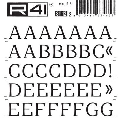 trasferibilir41 9,5mm, NERO. Trasferibili R41 in fogli 9x25cm. Lettere Maiuscole Orbital ST Appartiene allo stile neoclassico bodoniano, espressione contemporanea di una forma classica. Adatto alle applicazioni ove si richiedono sensazioni nuove nella lettura attraverso forme stabili e decorative.. P. 157.