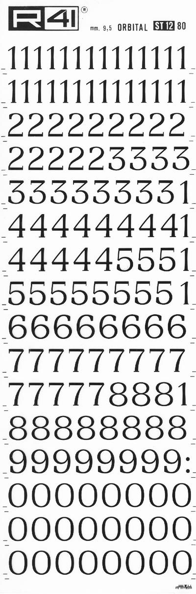 trasferibilir41 9,5mm, NERO. Trasferelli-Trasferibili R41 in fogli 9x25cm. Numeri  Orbital ST Appartiene allo stile neoclassico bodoniano, espressione contemporanea di una forma classica. Adatto alle applicazioni ove si richiedono sensazioni nuove nella lettura attraverso forme stabili e decorative.. P. 157.