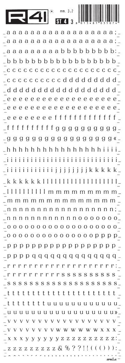 trasferibilir41 3,2mm, NERO. Trasferibili R41 in fogli 9x25cm. Lettere Minuscole Orbital ST Appartiene allo stile neoclassico bodoniano, espressione contemporanea di una forma classica. Adatto alle applicazioni ove si richiedono sensazioni nuove nella lettura attraverso forme stabili e decorative.. P. 157.