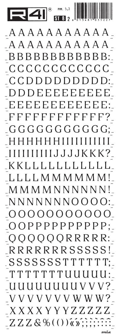 trasferibilir41 5,3mm, NERO. Trasferibili R41 in fogli 9x25cm. Lettere Maiuscole Orbital ST Appartiene allo stile neoclassico bodoniano, espressione contemporanea di una forma classica. Adatto alle applicazioni ove si richiedono sensazioni nuove nella lettura attraverso forme stabili e decorative.. P. 157.