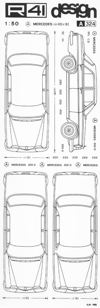 trasferibilir41 Mercedes 220D, NERO. Trasferelli-Trasferibili R41 in fogli 9x25cm. p. 349 .