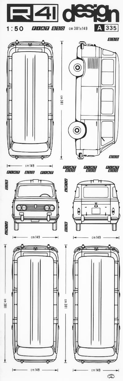 trasferibilir41 Fiat 850, NERO. Trasferelli-Trasferibili R41 in fogli 9x25cm. p. 350 .