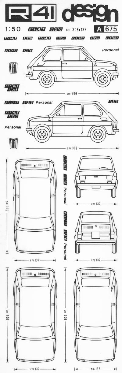 trasferibilir41 Fiat 126, NERO. Trasferelli-Trasferibili R41 in fogli 9x25cm. p. 344 .