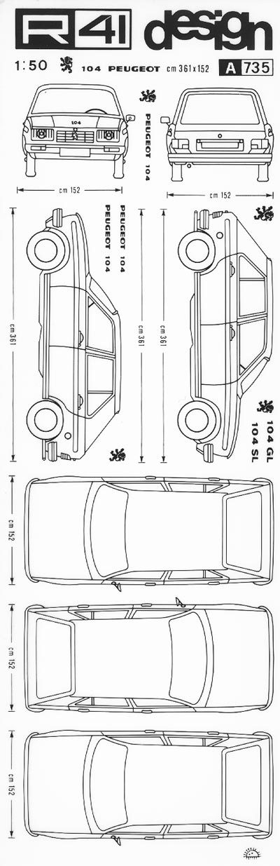 trasferibilir41 Peugeot 104, NERO. Trasferelli-Trasferibili R41 in fogli 9x25cm. p. 347 .