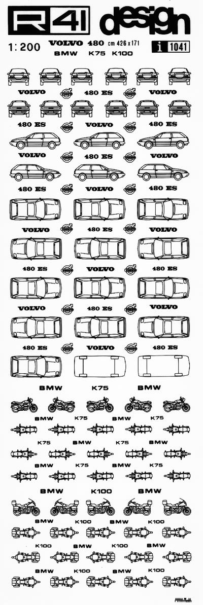 trasferibilir41 Volvo 480 ES, BMW K100, NERO. Trasferelli-Trasferibili R41 in fogli 9x25cm. p. 623 .