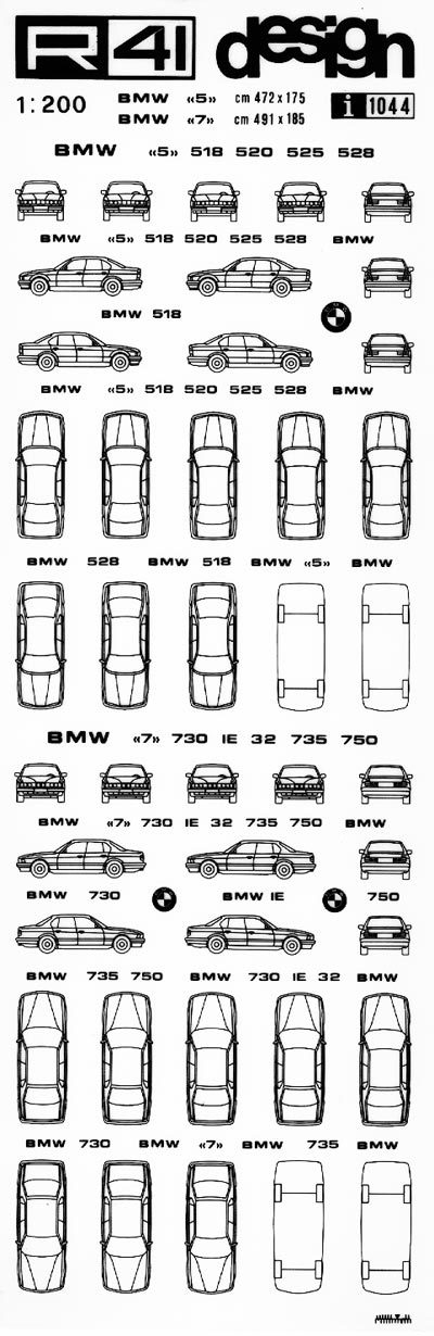 trasferibilir41 BMW 5, BMW 7, NERO. Trasferelli-Trasferibili R41 in fogli 9x25cm. p. 623 .