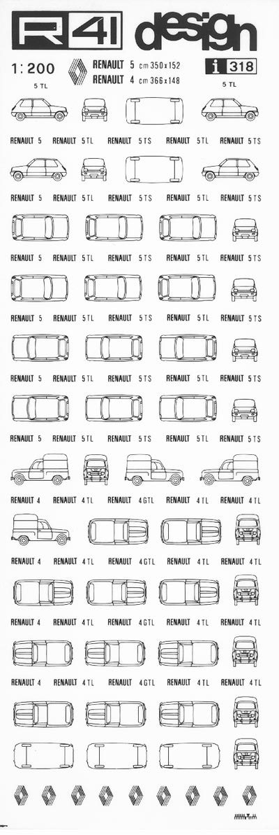 trasferibilir41 Renault 5, Renault 4, NERO. Trasferelli-Trasferibili R41 in fogli 9x25cm. p. 622 .