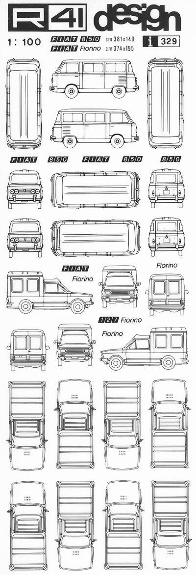 trasferibilir41 Fiat 850, Fiorino, NERO. Trasferelli-Trasferibili R41 in fogli 9x25cm .