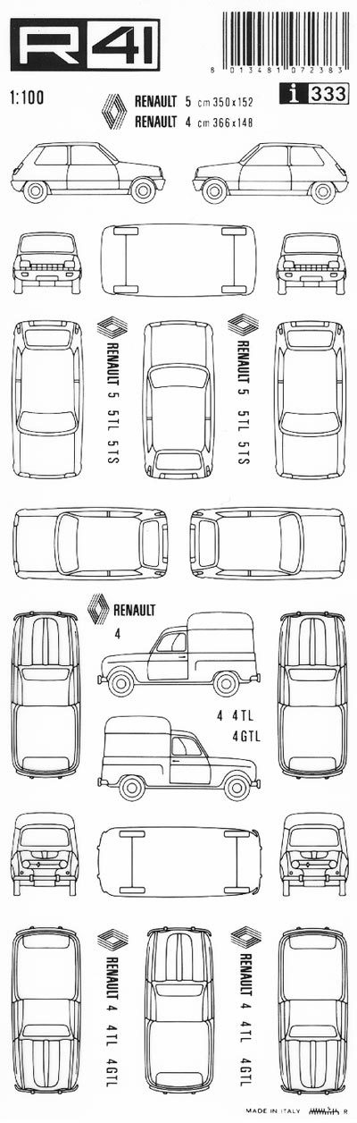 trasferibilir41 Renault 5, Renault 4, NERO. Trasferelli-Trasferibili R41 in fogli 9x25cm .