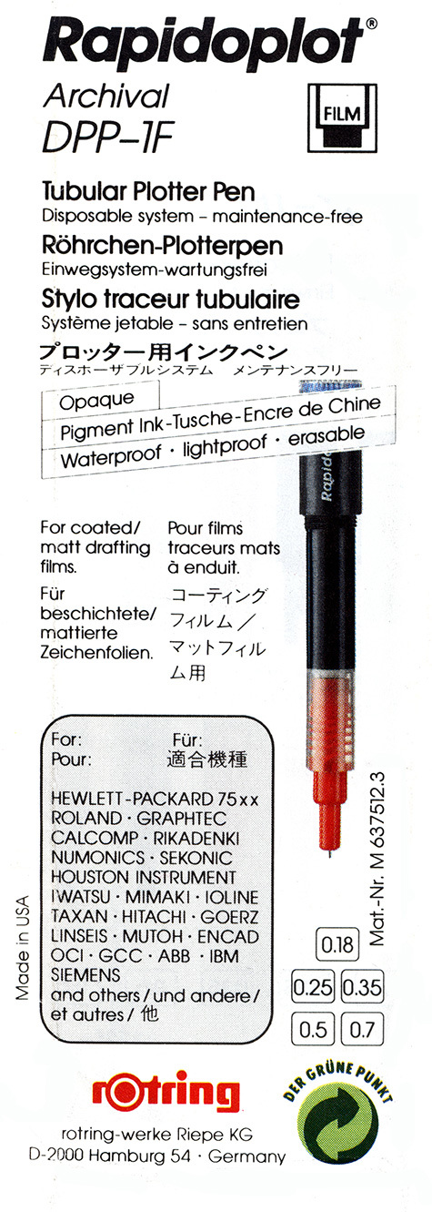 gbc Rotring Rapidoplot DPP Archival 1F (FILM), 0,35mm NERO. Penna per plotter a china. Spessore punta tracciata: 0,35mm. Per utilizzo su pellicole opache e rivestite. Adatta a plotter HP 75xx, Roland, Graphtec e altri.. Made in USA.