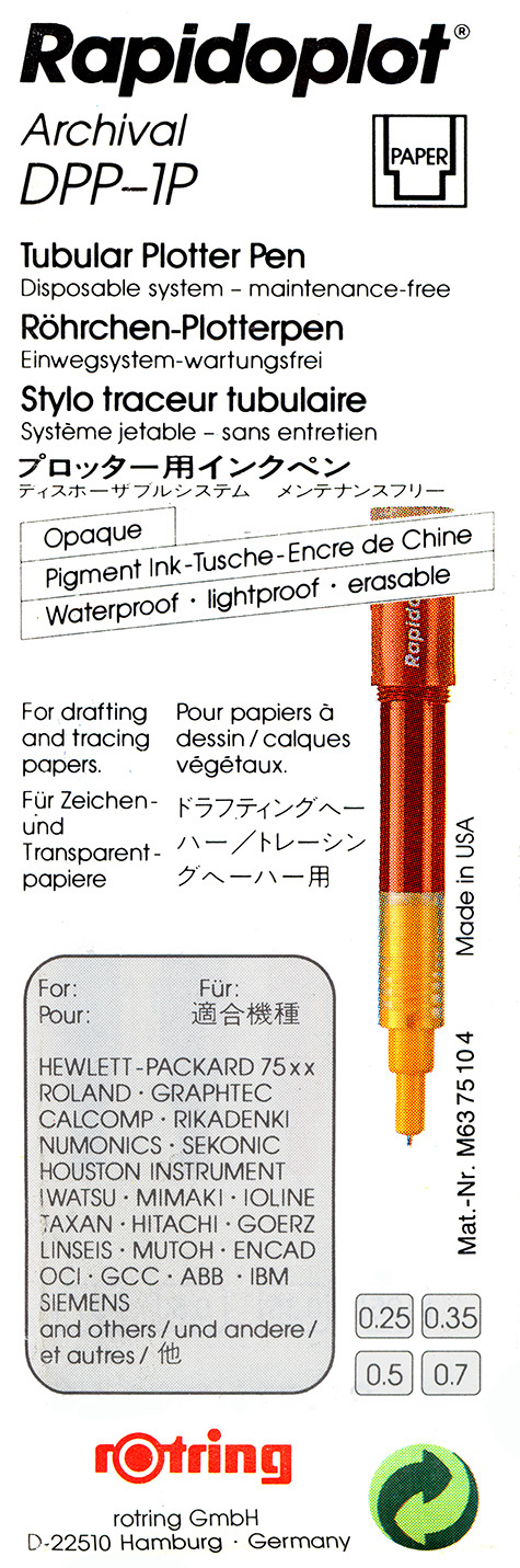 gbc Rotring Rapidoplot DPP Archival  1P. 0.50mm BLU. Penna per plotter a china. Spessore punta 0,50mm. Per utilizzo su carta da plotter, carta da lucido, carta patinata. Adatta a plotter HP 75xx, Roland, Graphtec, Calcomp, Rikadenki e altri. Made in USA.