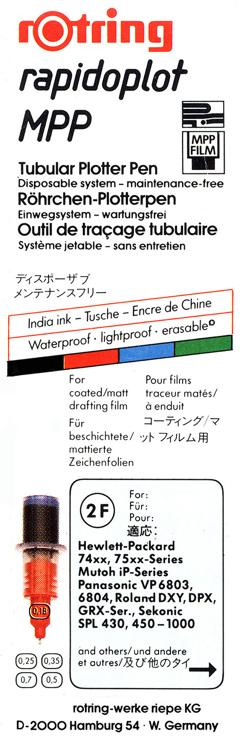 gbc Rotring Rapidoplot MPP 2F (FILM). 0.25mm NERO. Penna per plotter a china. Spessore punta 0,25mm. Per utilizzo su pellicole opache e rivestite. Adatta a plotter HP 74xx, 75xx, Mutoh iP, Panasonic VP6803, VP 6804 e altri.. Made in USA.